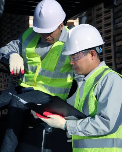 men in hard hats and safety vest looking at a clipboard